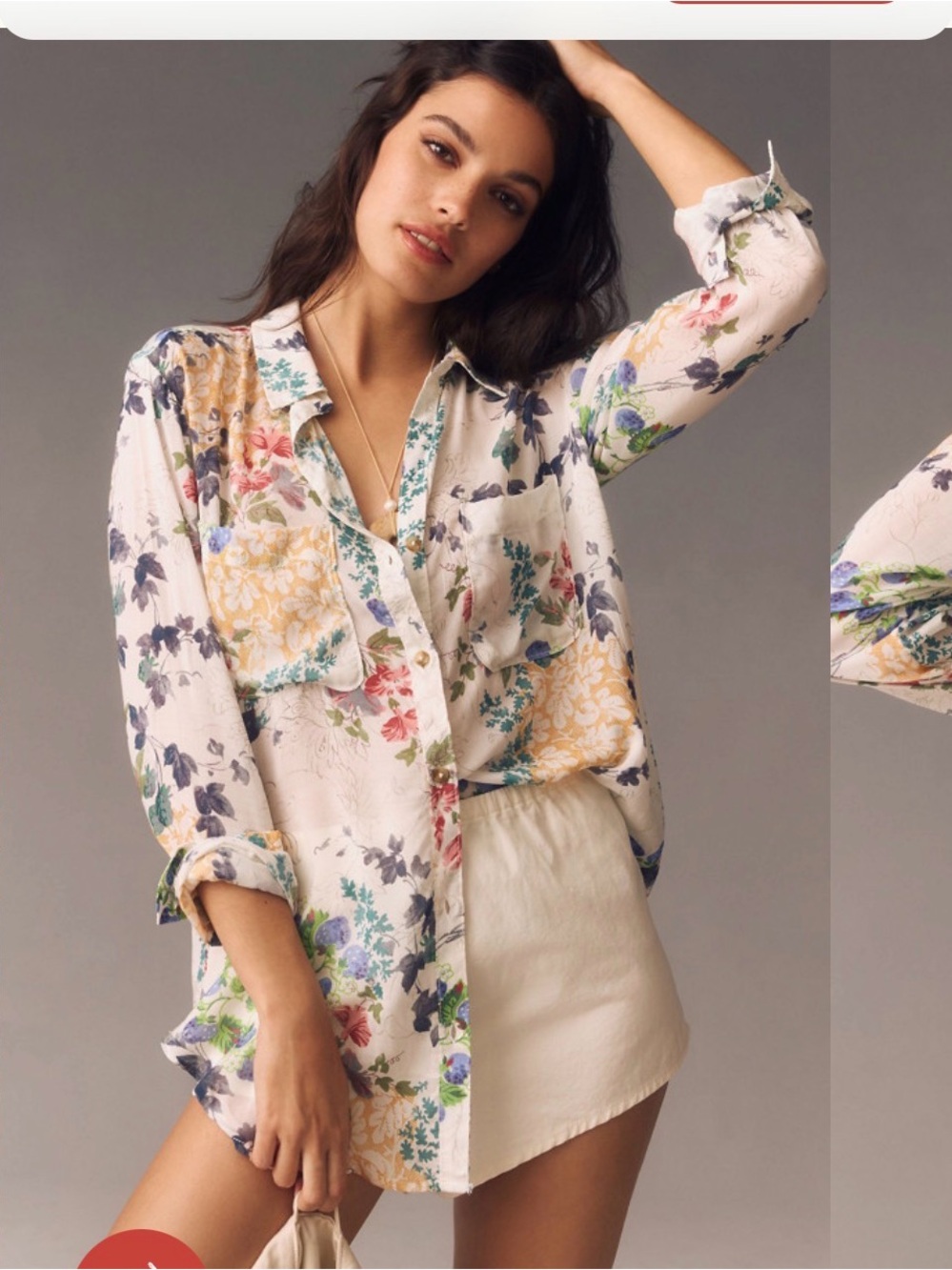 Pilcro Floral Button-Down Shirt in Cream with Multi-Color Print